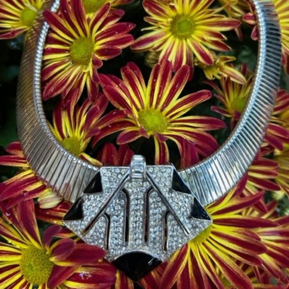 VTG CINER Silver Wide Omega Choker Rhinestone Black Enamel Pendant NECKLACE - Picture 3 of 9